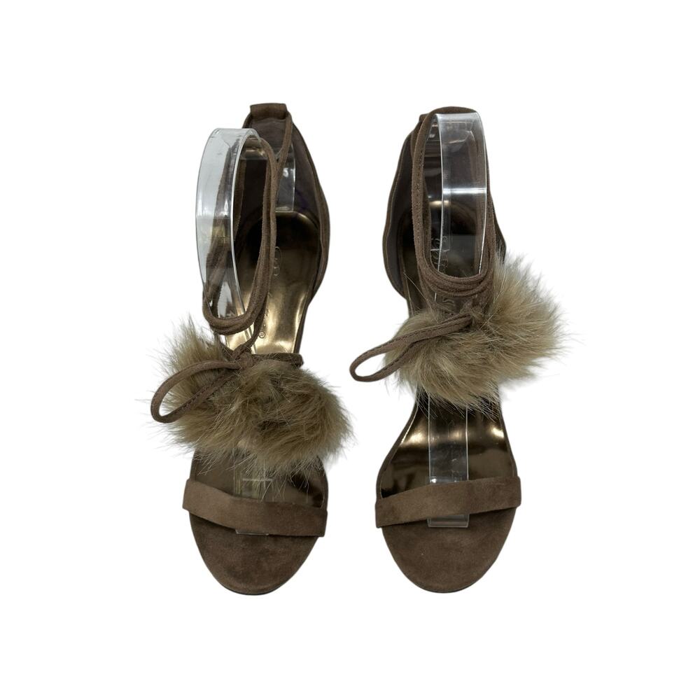 Breckelle's brown faux suede pom pom lace up heel sandals size 6.5